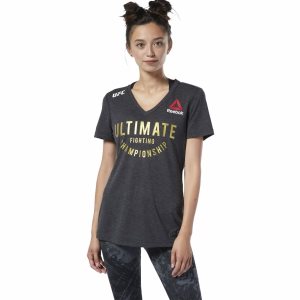 Reebok UFC Fight Night Champ Walkout Jersey T Shirt Damen - Schwarz/Gold - DE 673-NSX